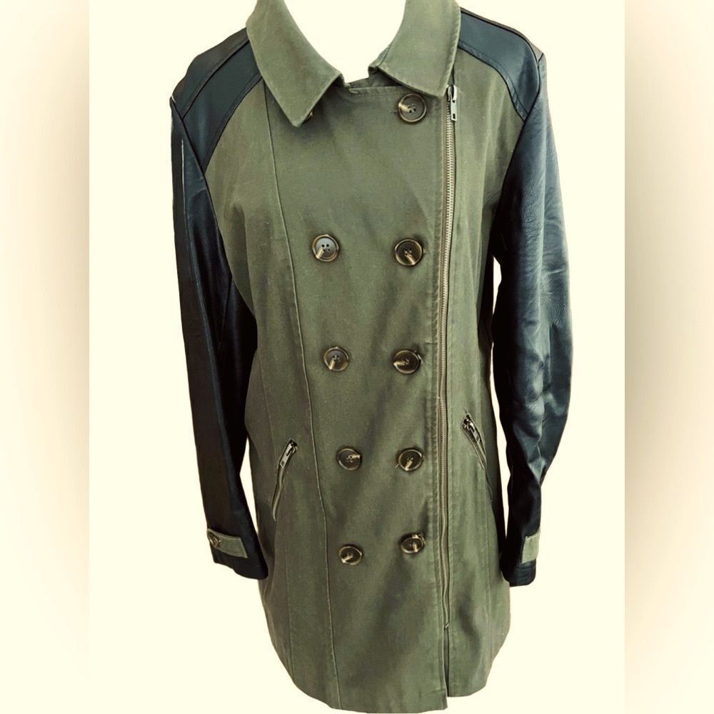 Motto Military Trench Coat with Faux Leather Trim olive green/black size M - Picture 9 of 10